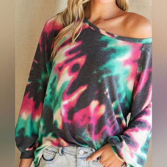 **Bibi Dark Tie Dye Print Terry Top Puff Sleeves Oversized Shirt sz XL - Picture 4 of 5